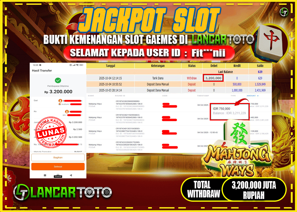 LANCARTOTO JACKPOT PERMAINAN SLOT MAHJONG WAYS! Rp35,200.000.,- LUNAS