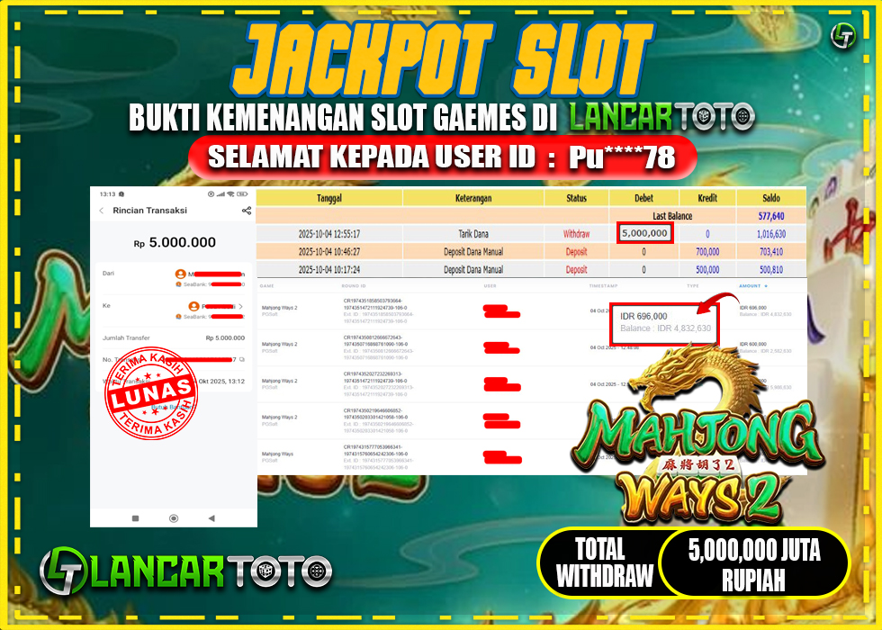 LANCARTOTO JACKPOT PERMAINAN SLOT MAHJONG WAYS 2! Rp.5,773.000.,- LUNAS