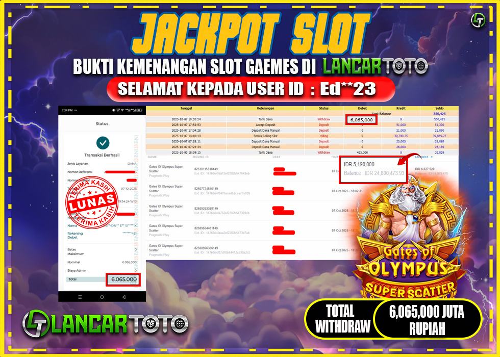 LANCARTOTO JACKPOT GAME SLOT GATES of OLYMPUS SUPER SCATTER! Rp.6,065.000.,- LUNAS