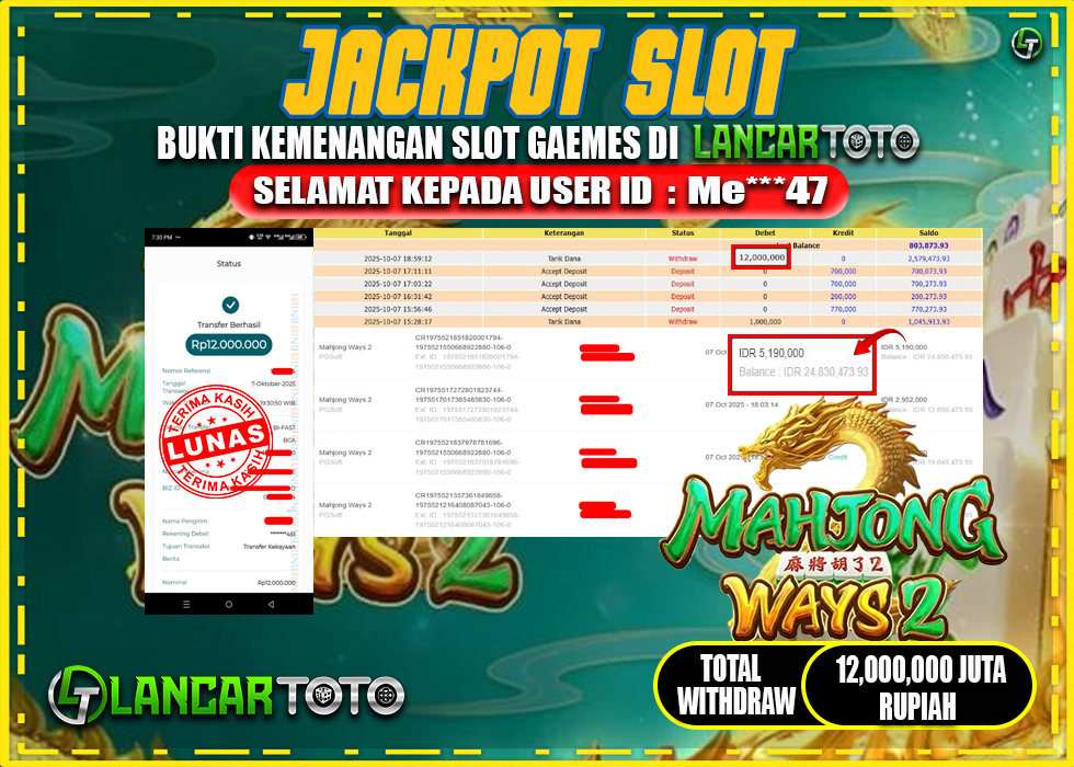 LANCARTOTO JACKPOT SLOT MAHJONG WAYS 2! Rp.12,000.000.,- LUNAS