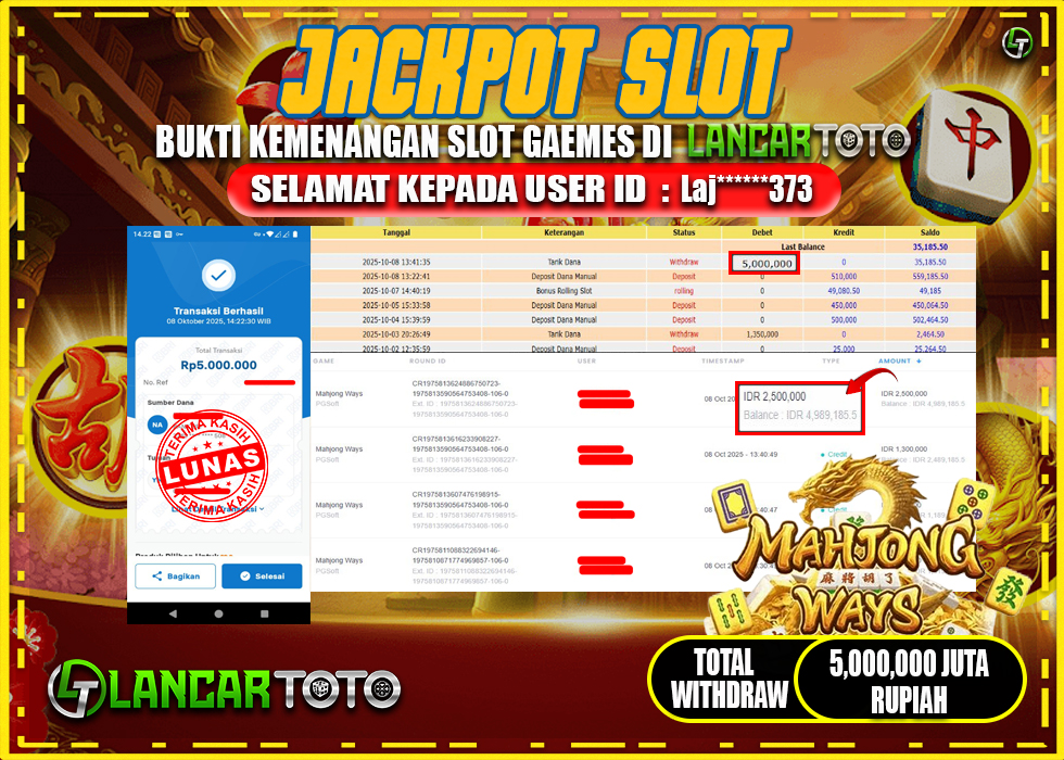 LANCARTOTO JACKPOT PERMAINAN SLOT MAHJONG WAYS! Rp.5,000.000.,- LUNAS