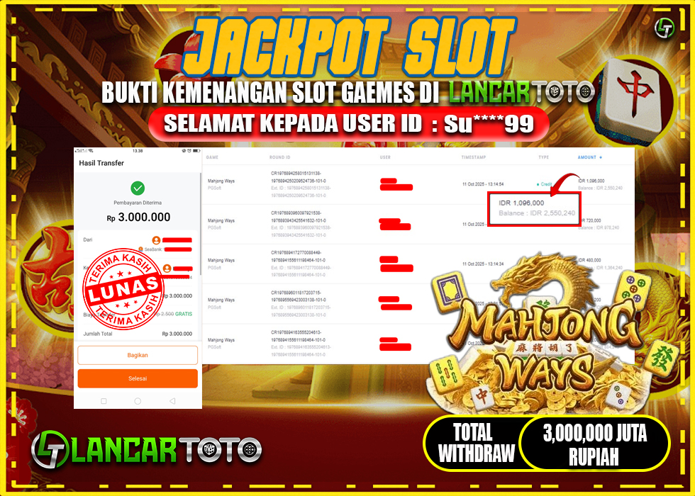 LANCARTOTO MENANG SLOT MAHJONG WAYS! Rp.3,000.000.,- LUNAS