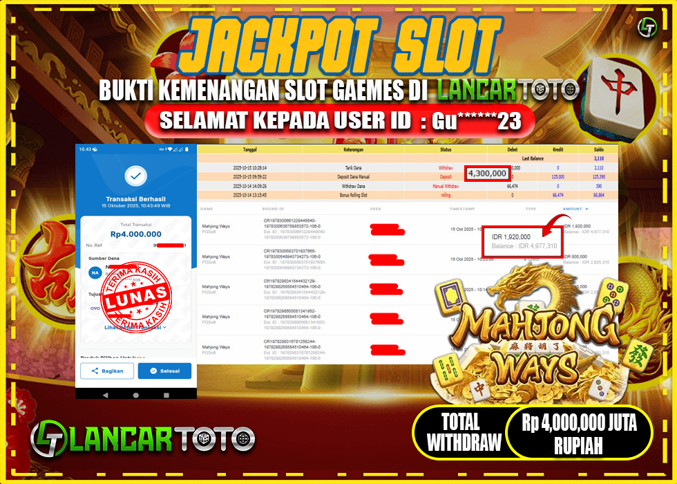 LANCARTOTO MENANG SLOT MAHJONG WAYS! Rp.4,000.000.,- LUNAS