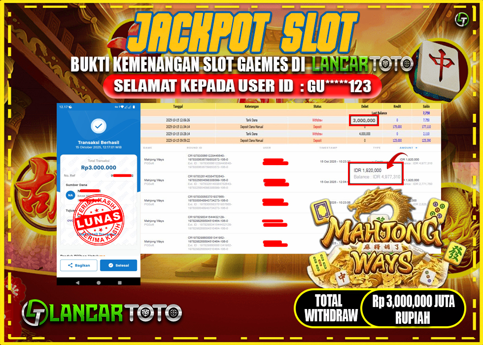 LANCARTOTO MENANG MAHJONG WAYS! Rp.3,000.000.,- LUNAS