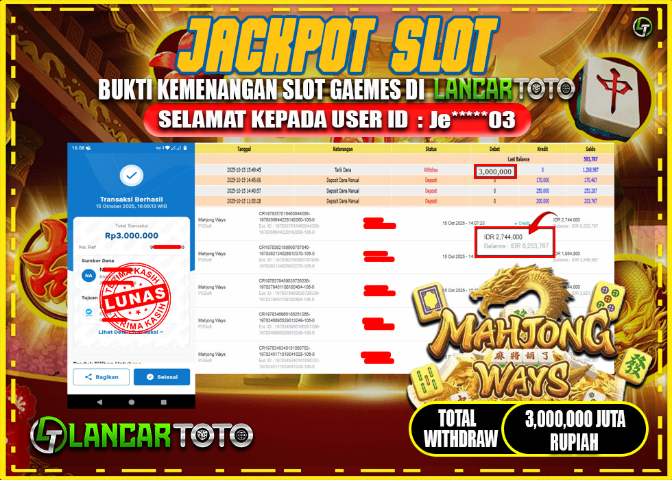 LANCARTOTO JACKPOT PERMAINAN MAHJONG WAYS! Rp.3,000.000.,- LUNAS