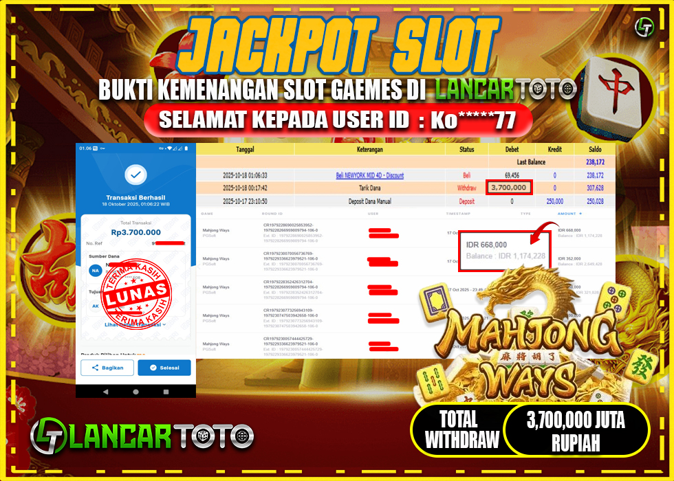 LANCARTOTO JACKPOT GAME SLOT MAHJONG WAYS! Rp.3,700.000.,- LUNAS