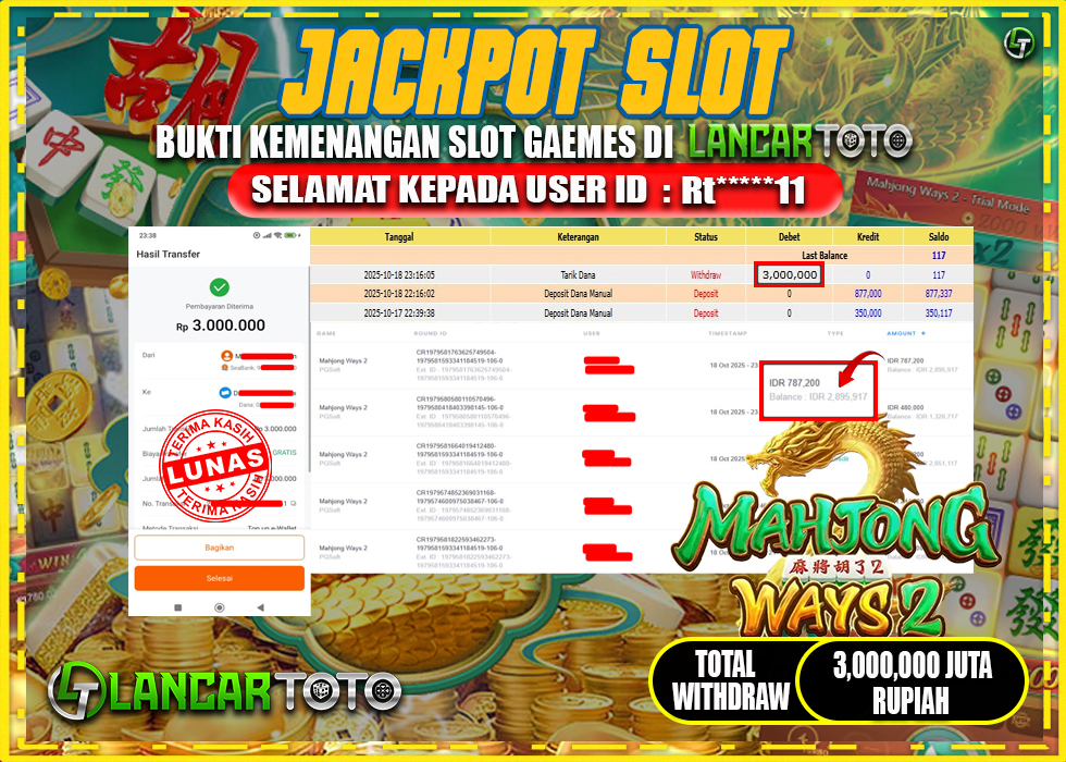 LANCARTOTO JACKPOT GAME SLOT MAHJONG WAYS 2! Rp.3,000.000.,- LUNAS