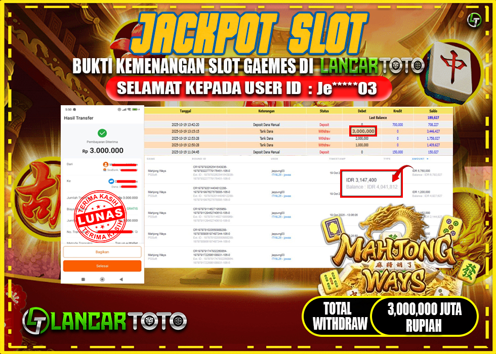 LANCARTOTO JACKPOT GAME MAHJONG WAYS! Rp.3,000.000.,- LUNAS