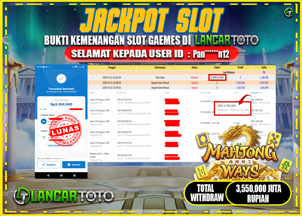 LANCARTOTO JACKPOT SLOT MAHJONG WAYS! Rp.3,550.000.,- LUNAS