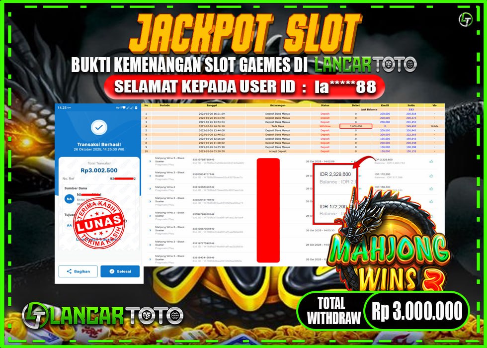 LANCARTOTO JACKPOT SLOT MAHJONG WINS 3! Rp.3,000.000.,- LUNAS