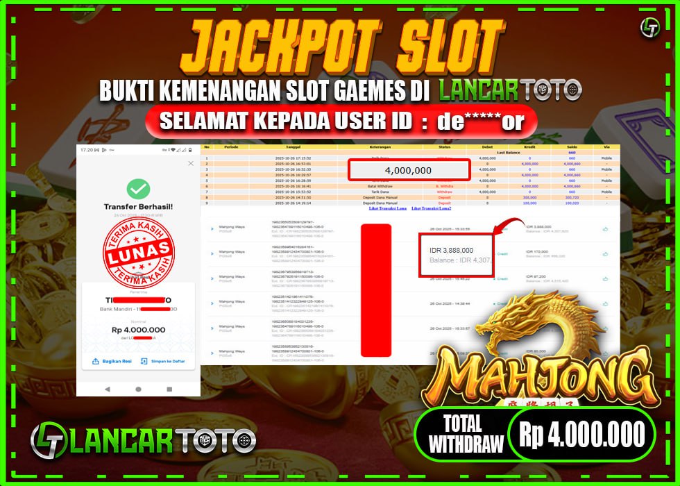 LANCARTOTO JACKPOT MAHJONG WAYS! Rp.4,000.000.,- LUNAS