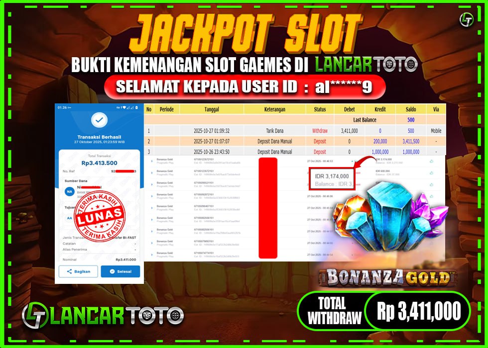 LANCARTOTO JACKPOT SLOT BONANZA GOLD! Rp.3,411.000.,- LUNAS