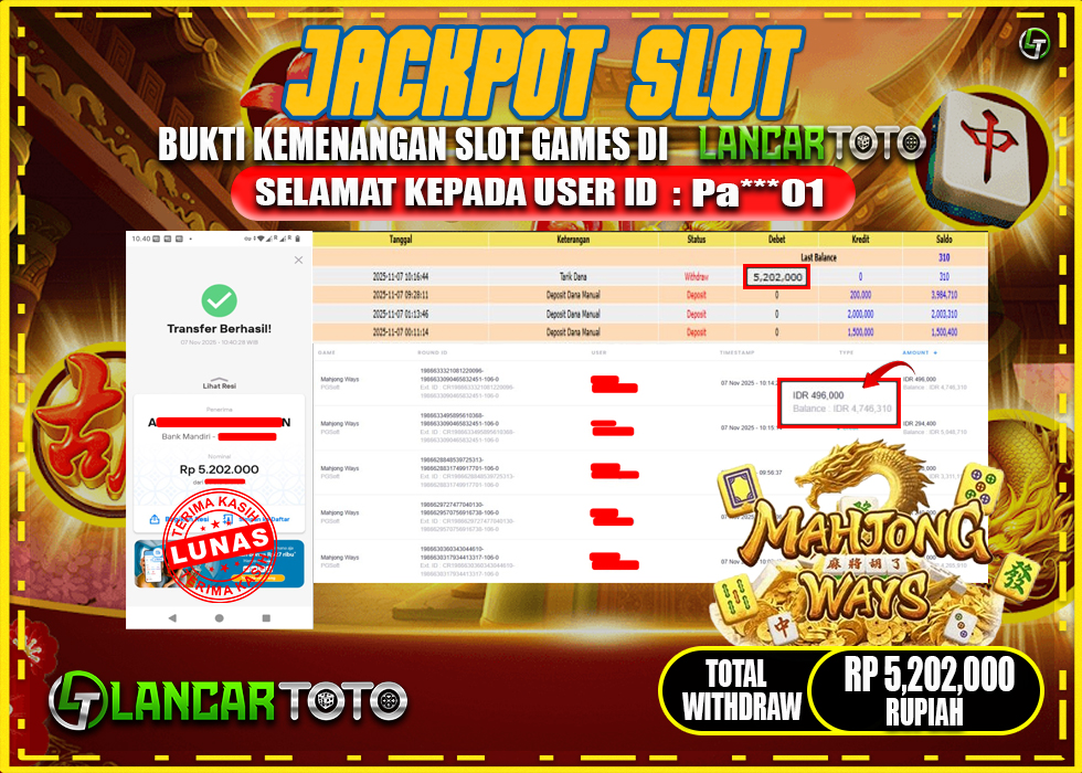 LANCARTOTO JACKPOT MAHJONG WAYS! Rp.5,202.000.,- LUNAS