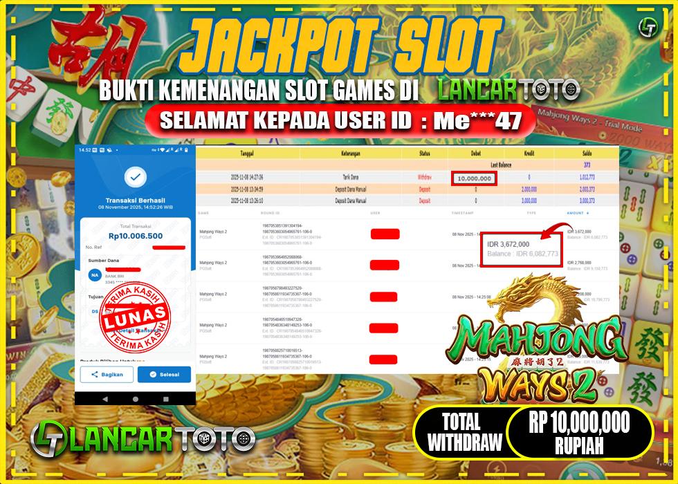 LANCARTOTO JACKPOT GAME MAHJONG WAYS 2! Rp.10,000.000.,- LUNAS