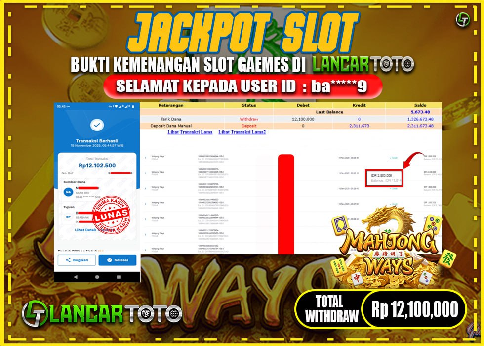 LANCARTOTO JACKPOT SLOT MAHJONG WAYS! Rp.12,100.000.,- LUNAS