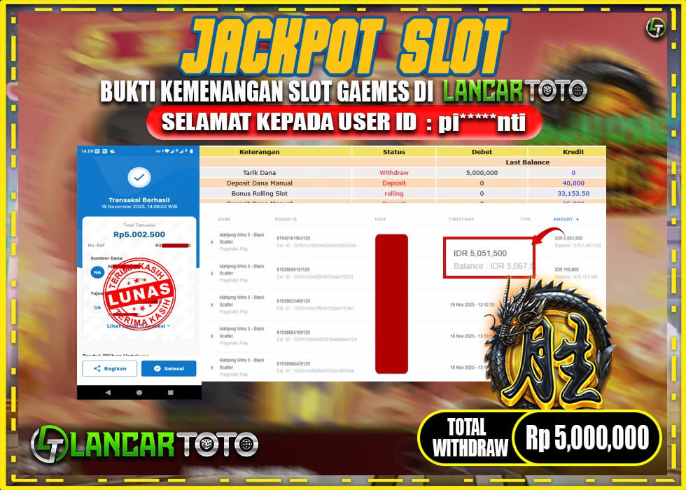 LANCARTOTO JACKPOT SLOT MAHJONG WINS 3- BLACK SCATTER! Rp.5,000.000.,- LUNAS