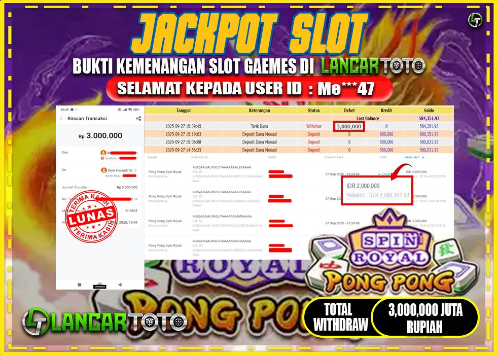LANCARTOTO JACKPOT SLOT PONG PONG SPIN ROYAL! Rp.3,000.000.,- LUNAS