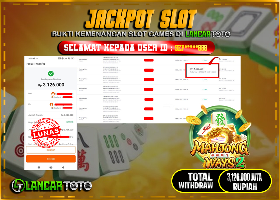LANCARTOTO JACKPOT SLOT MAHJONG WAYS 2! Rp.3,126.000.,- LUNAS