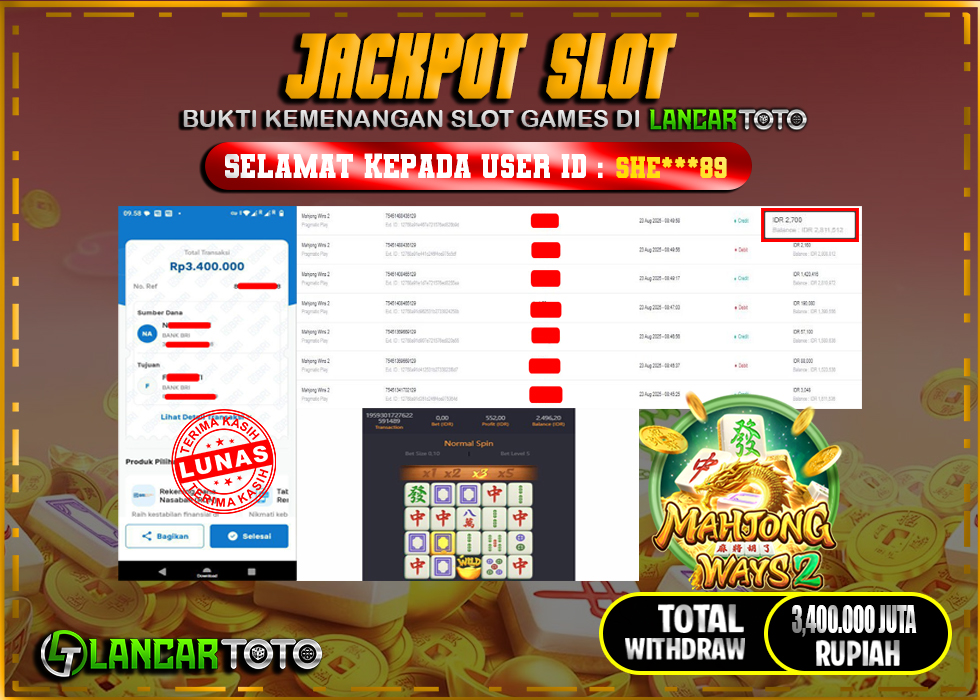 LANCARTOTO JACKPOT SLOT MAHJONG WAYS 2! Rp.3,400.000.,- LUNAS